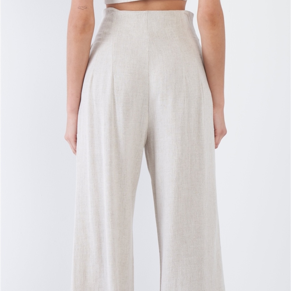 Oatmeal Beige Wide Leg Ankle High Waist Pant - Picture 3 of 10